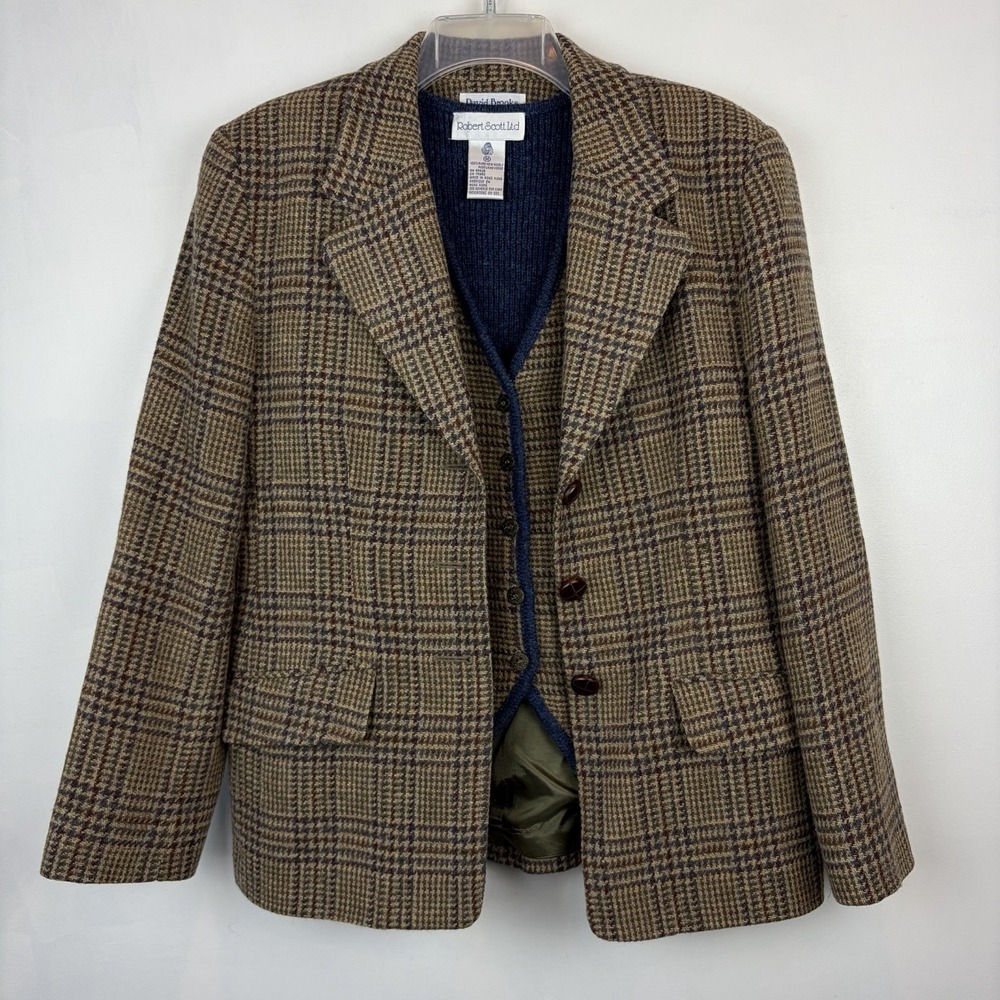 David Brooks Blazer Sweater Vest Womens Medium Brown Plaid Jacket  Wool USA Read